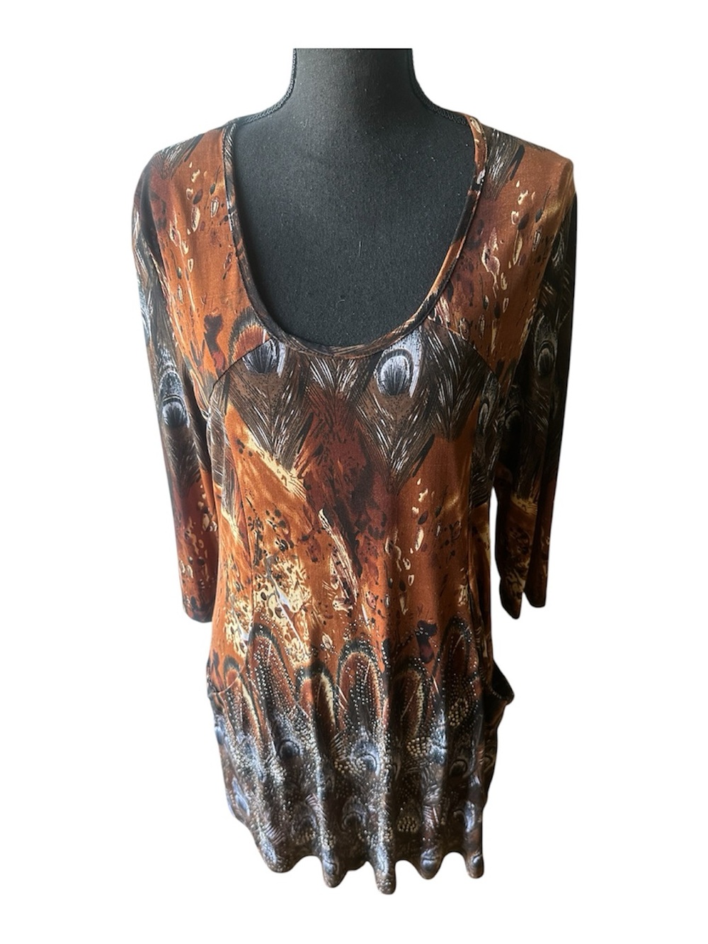 Lady Noiz Boho Peacock Print Tunic Top Scoop Neck Pockets 3/4 Sleeve XL Chic